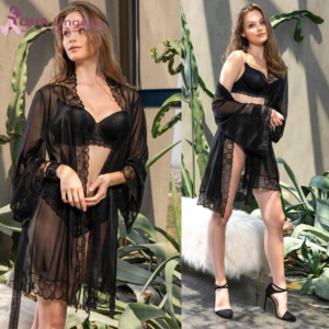 Ensemble 3 pièces : Peignoir, Soutien-gorge et Slip – Noir